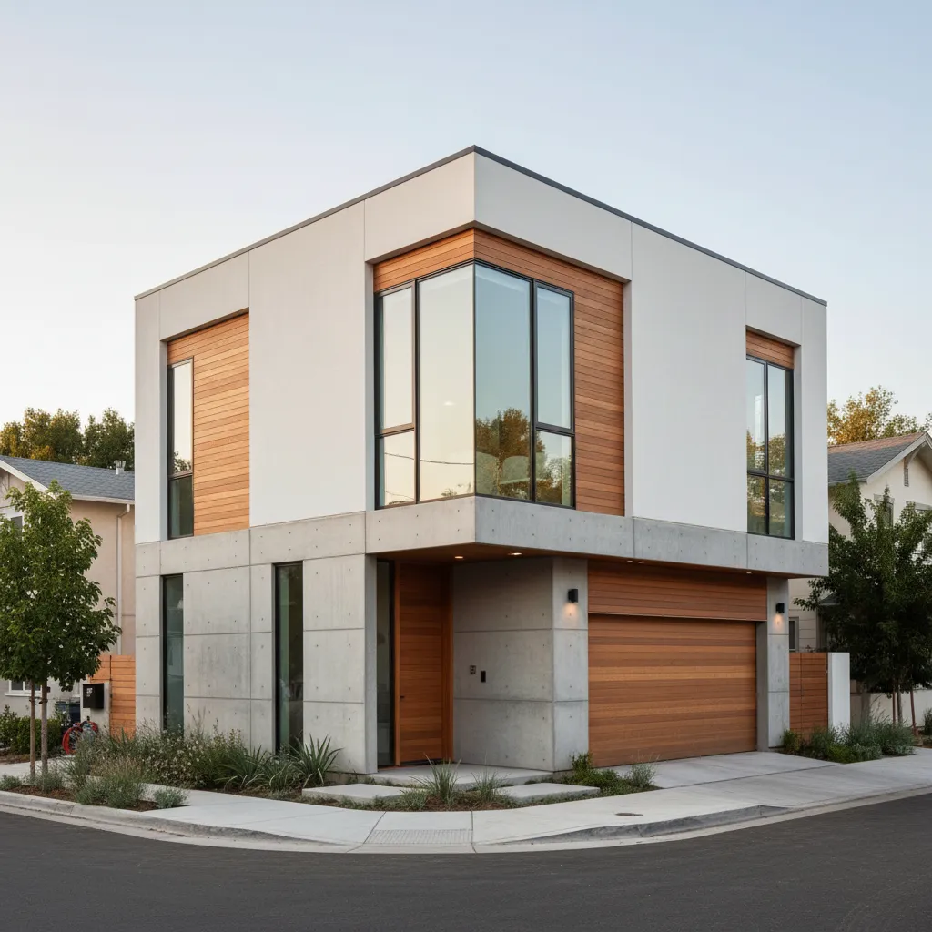 Casa moderna en esquina con doble fachada y ventanales amplios
