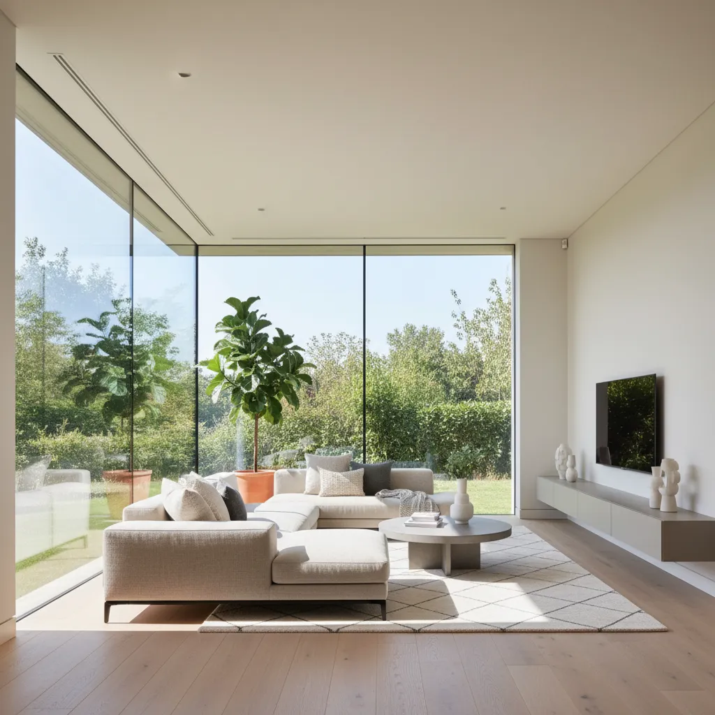 Sala de estar moderna ubicada en la esquina de la casa con ventanales panorámicos