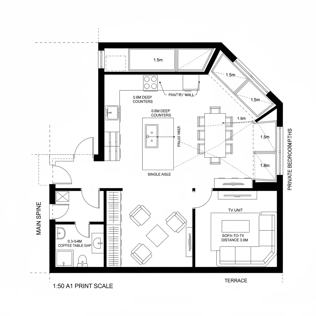 Top-down CAD plan of a corner kitchen, dining, and lounge hub with daylight