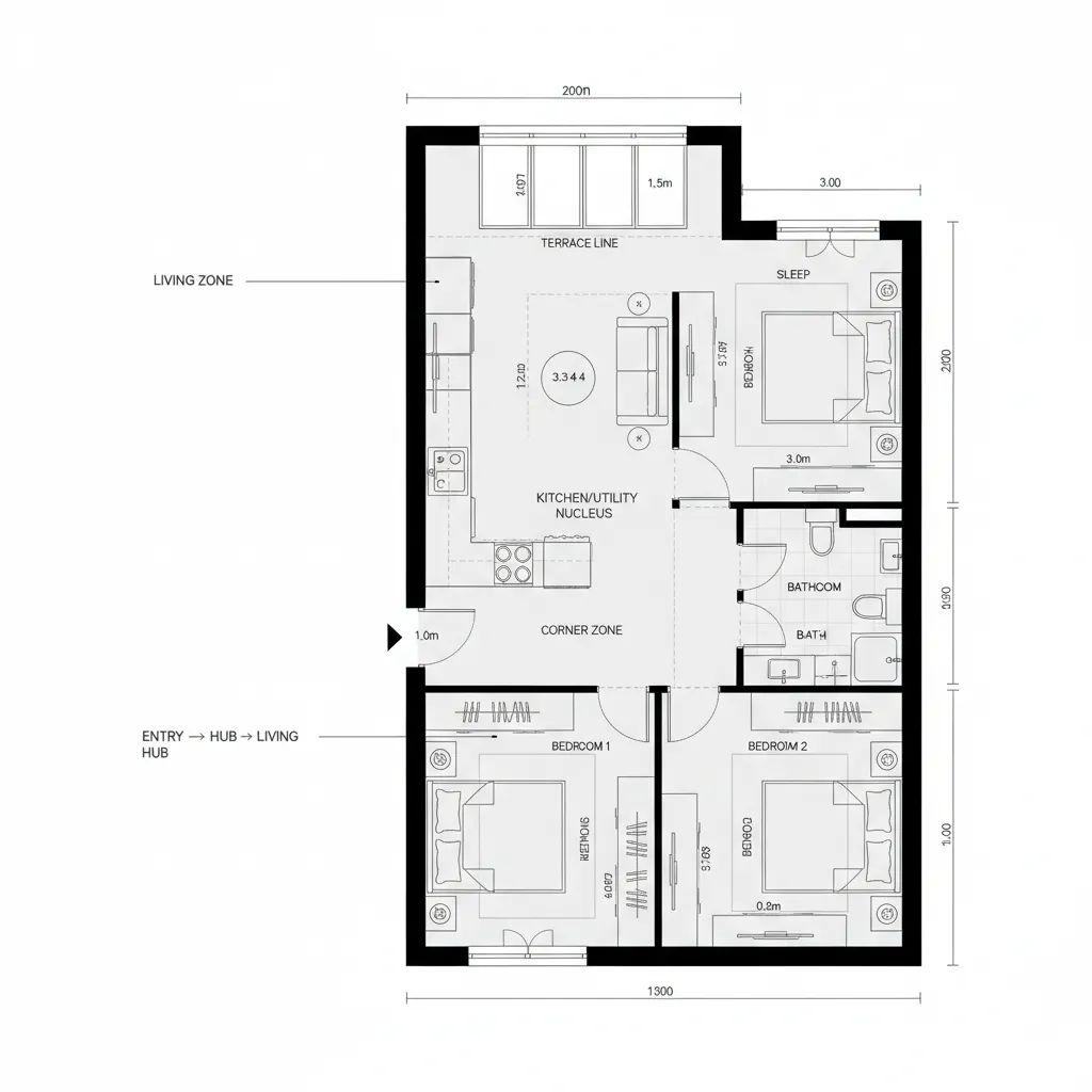 Detailed 2D floor plan layout showing kitchen area living room three bedrooms and one bathroom
