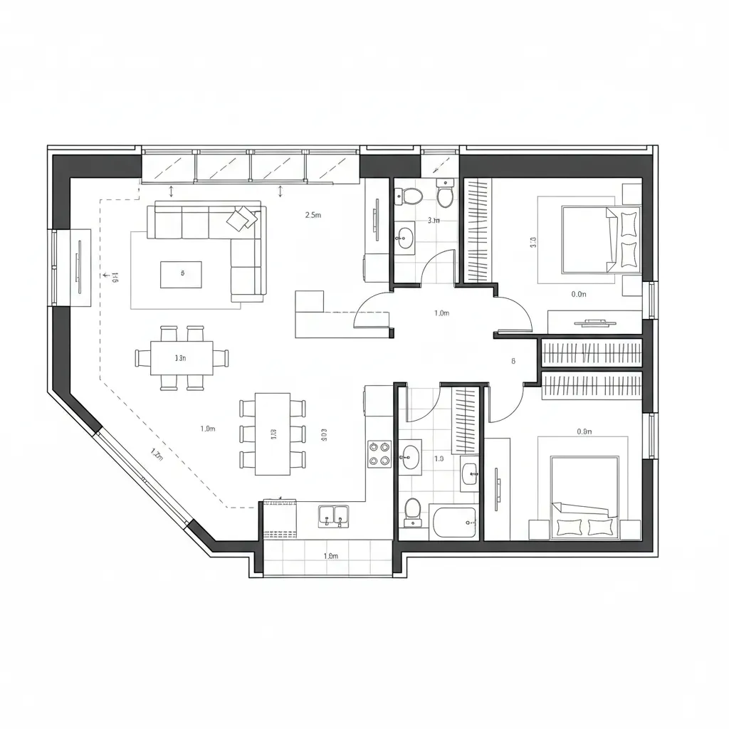 Top-down CAD plan of a dual-exposure corner unit with split circulation