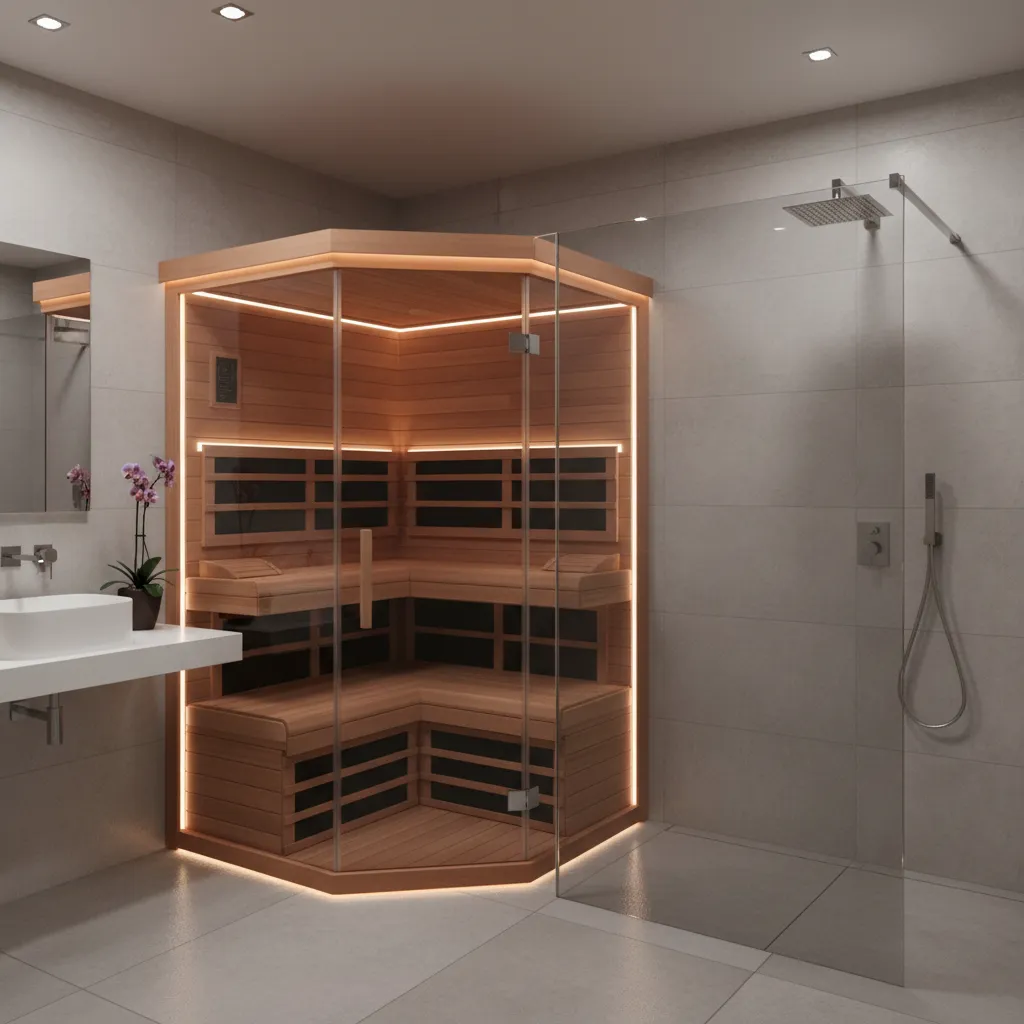 Corner infrared sauna design in a compact modern bathroom