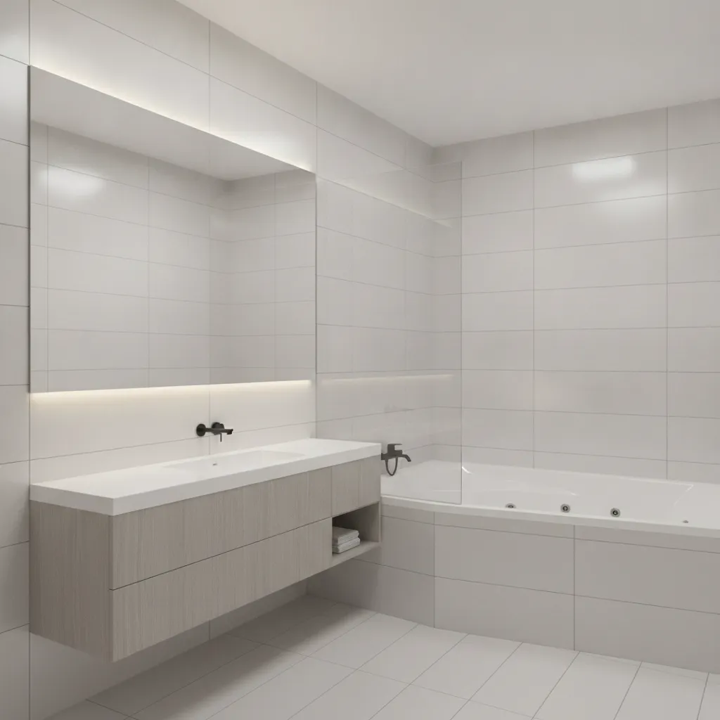 Corner jacuzzi tub maximizing space in a small bathroom layout