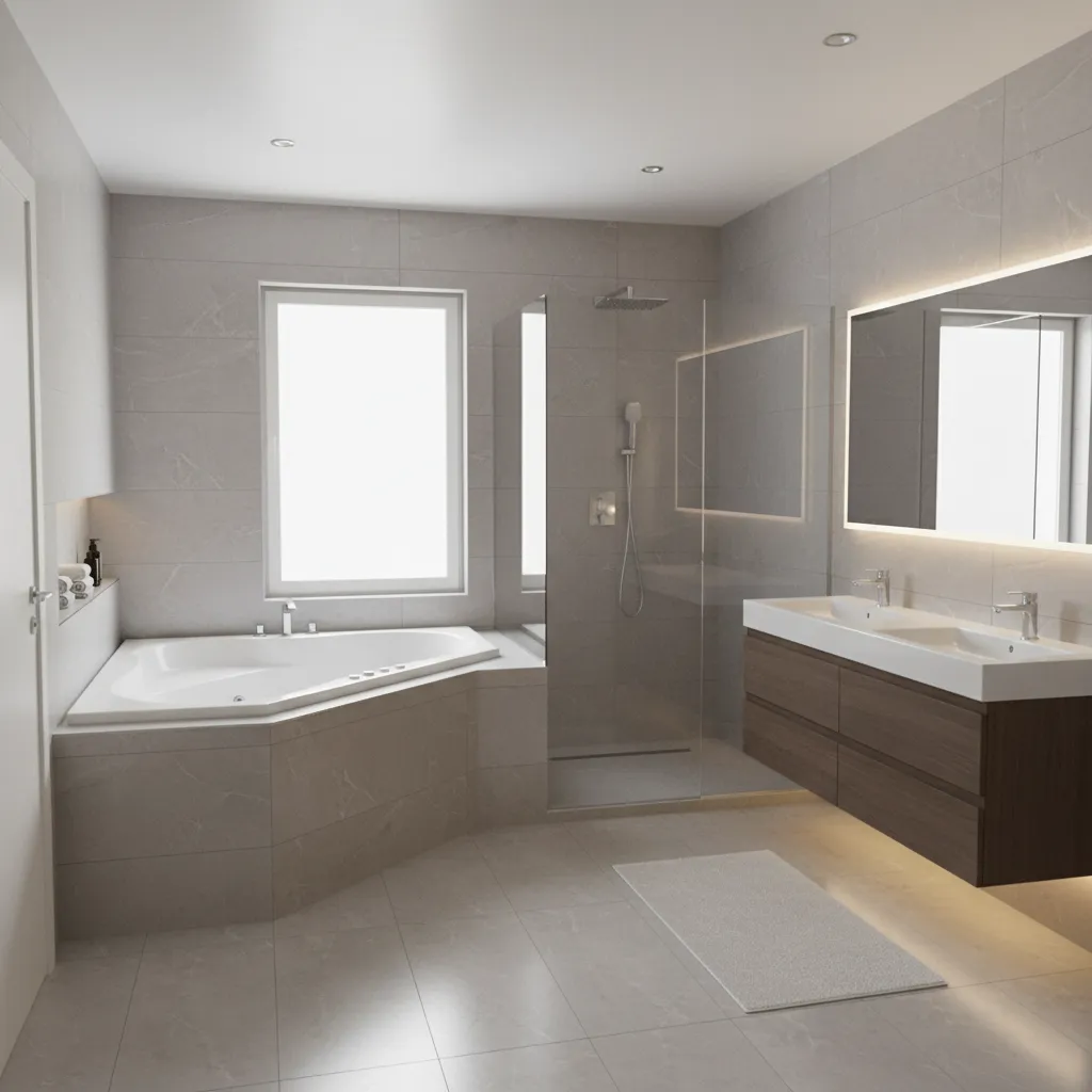 corner jacuzzi tub integrated into medium sized bathroom layout