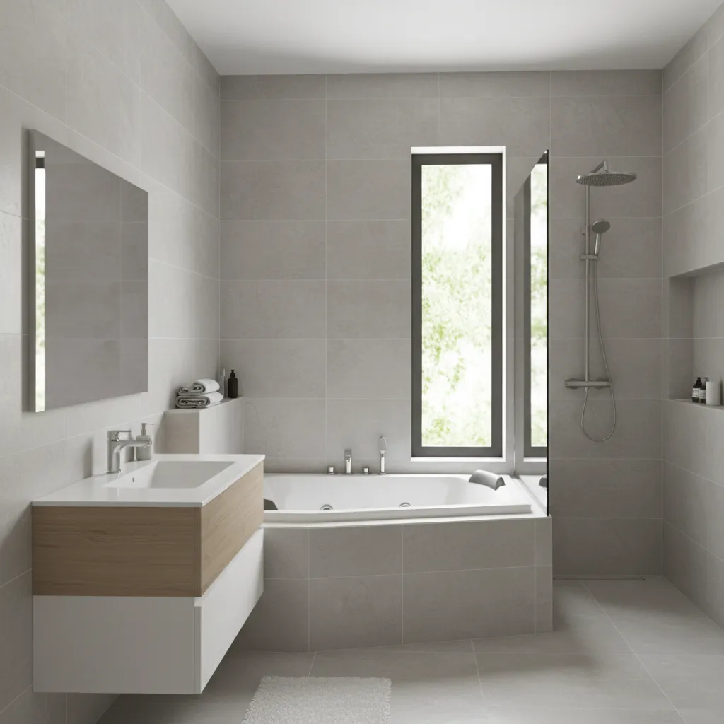 corner jacuzzi tub installed in a compact modern bathroom
