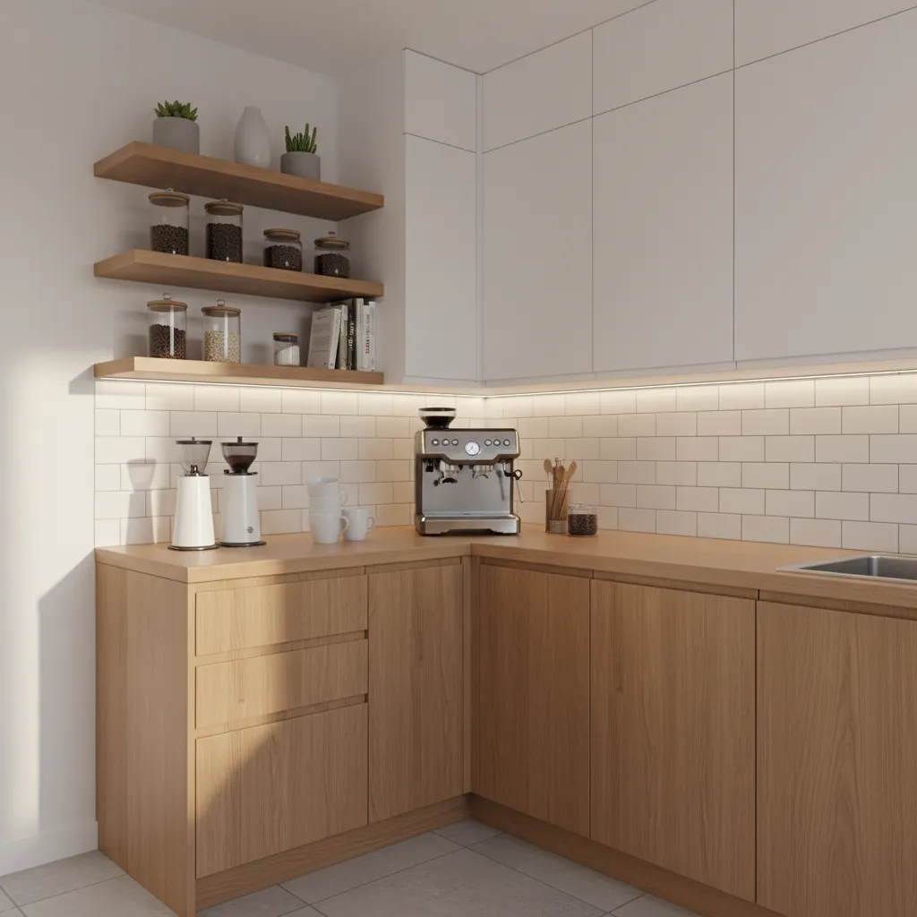 Modern corner kitchen with wood cabinets white upper storage coffee machine and floating wooden shelves