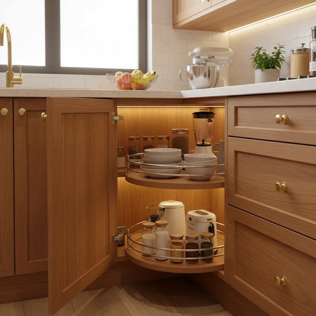 Corner kitchen cabinet with rotating storage system