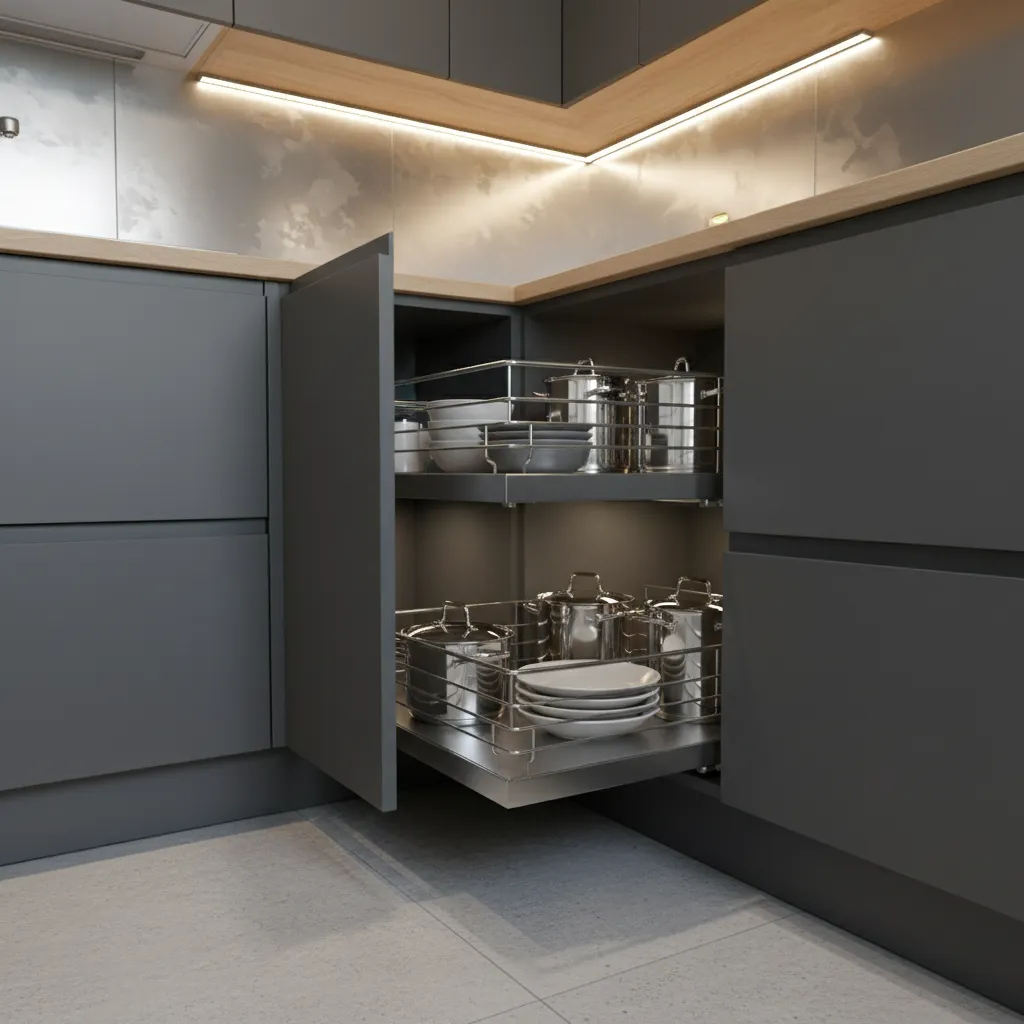 Pull-out corner storage system inside an L-shaped kitchen cabinet