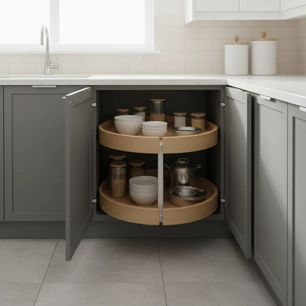 Corner kitchen cabinet with rotating storage system