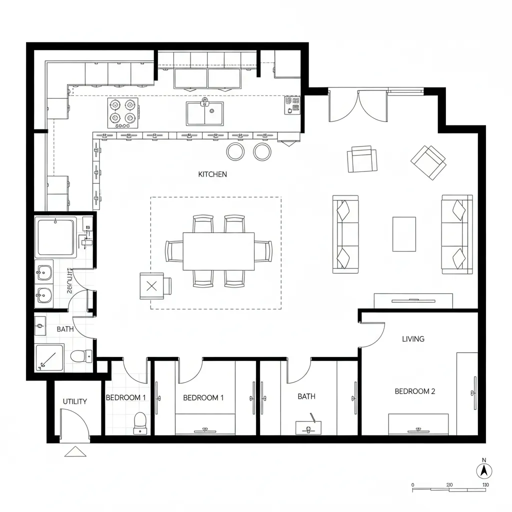 Top-down 2D L-shaped kitchen plan with utility loop and dining serve path