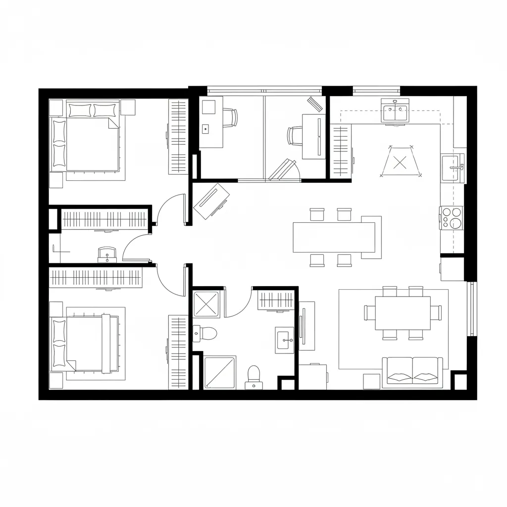 Interior design drawing showing a modern apartment with open kitchen, dining table, sofa, and bedrooms