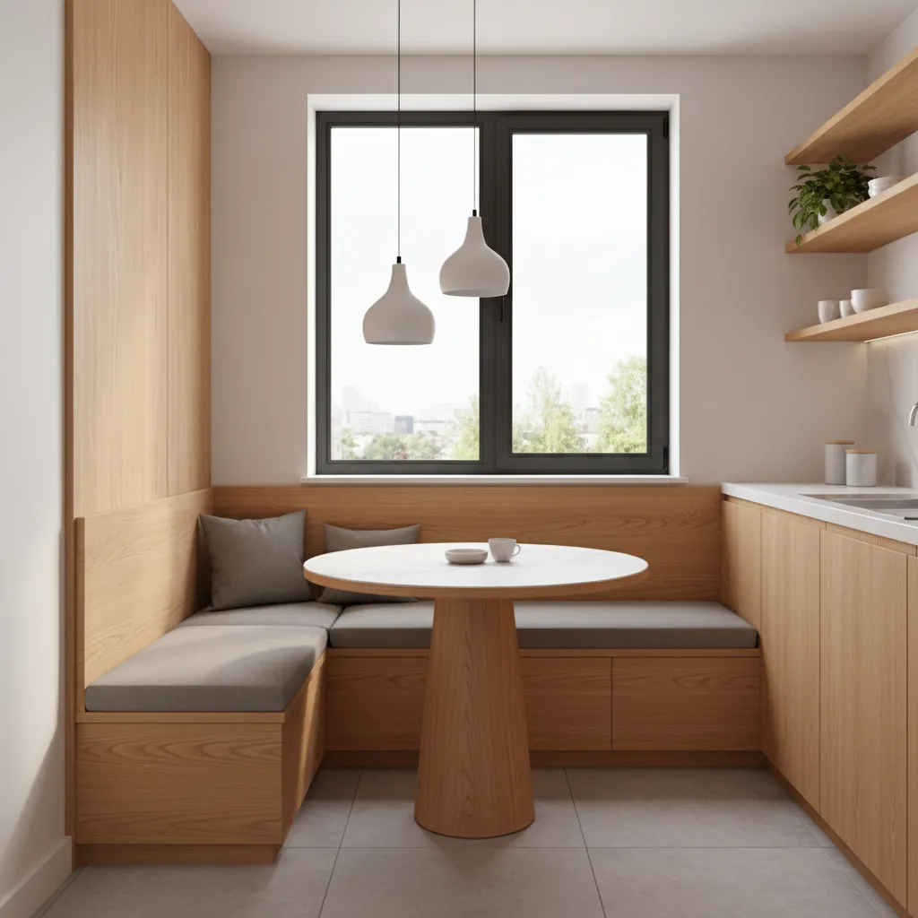 Corner breakfast nook with bench seating in small kitchen