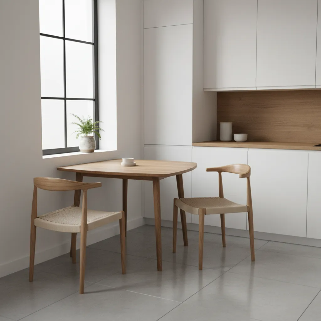 Compact kitchen with corner dining table and two chairs