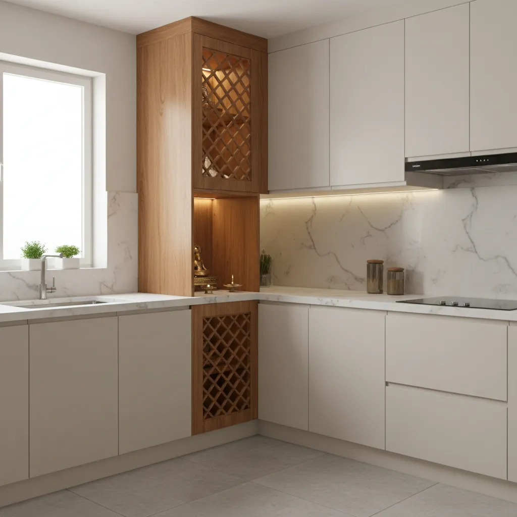 Vertical corner mandir cabinet integrated into kitchen layout