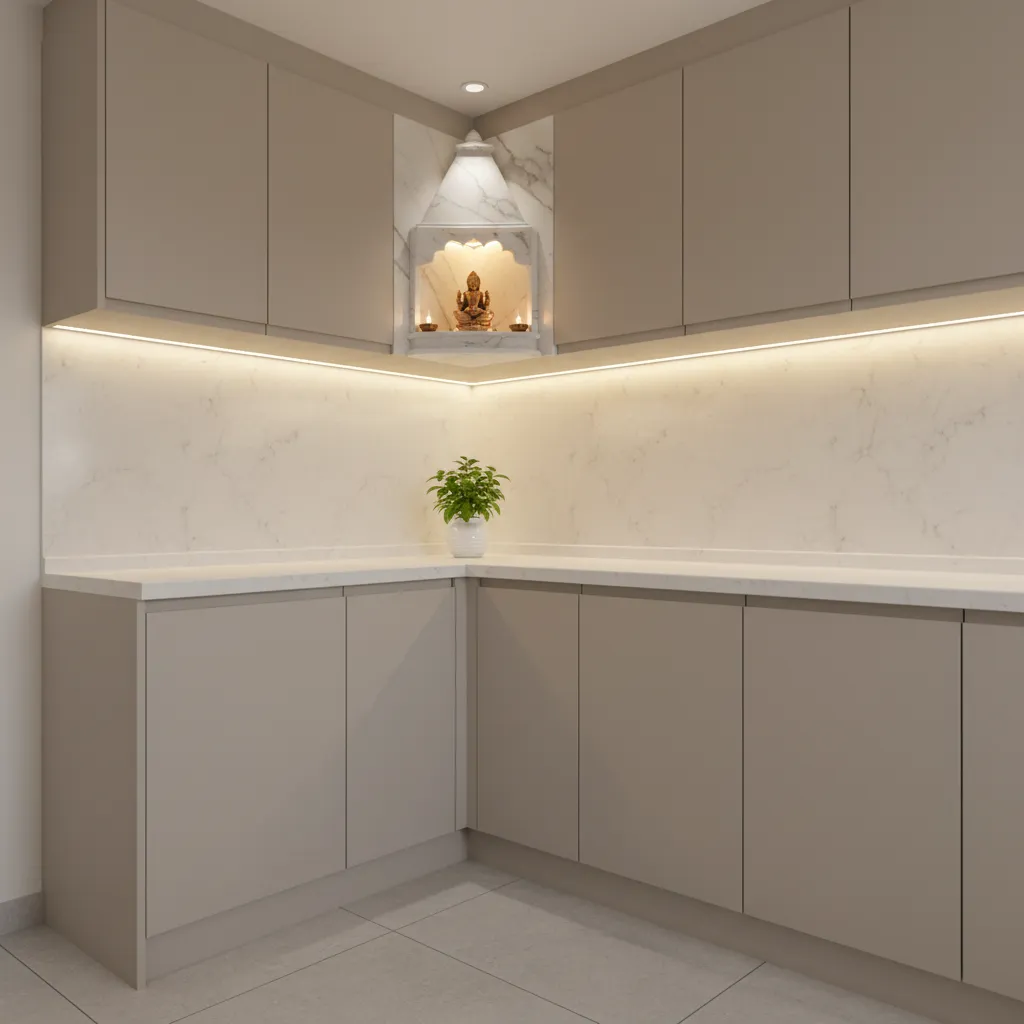 Corner shelf pooja mandir design in a small kitchen layout