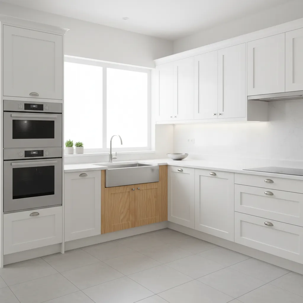 Corner kitchen sink cabinet inside a modern L-shaped kitchen layout
