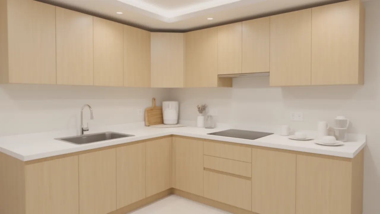 corner kitchen sink installed in L shaped small kitchen layout