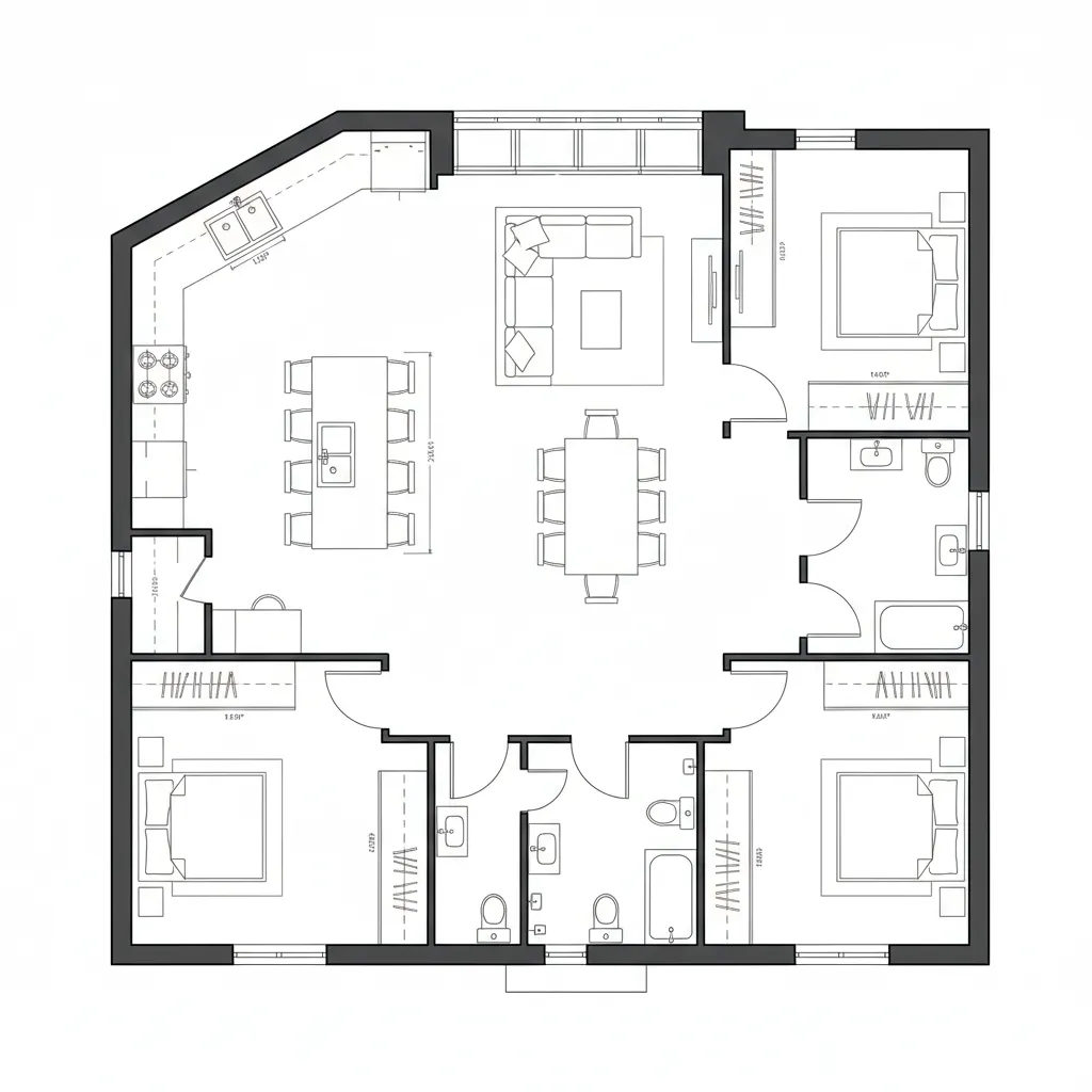 CAD floor plan with corner L-kitchen, island, and pocket-sliding study between bedrooms