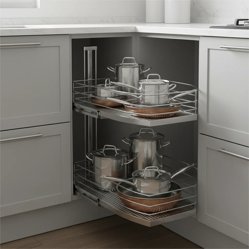 Corner kitchen cabinet with pull out storage system