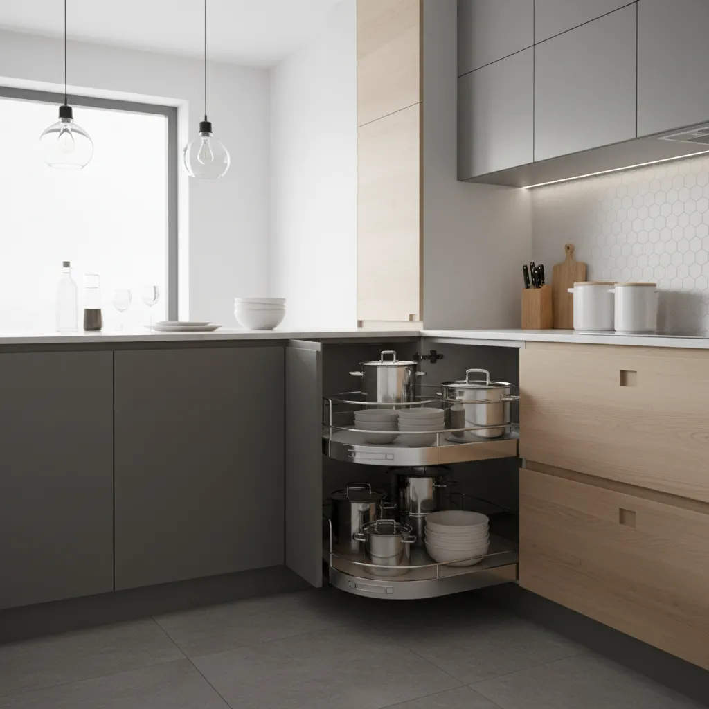 Pull out corner cabinet storage system in modern kitchen