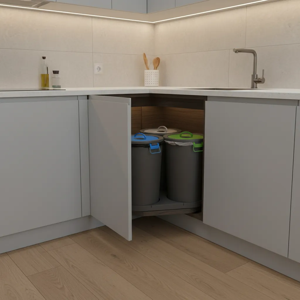 Corner cabinet trash system with rotating bins