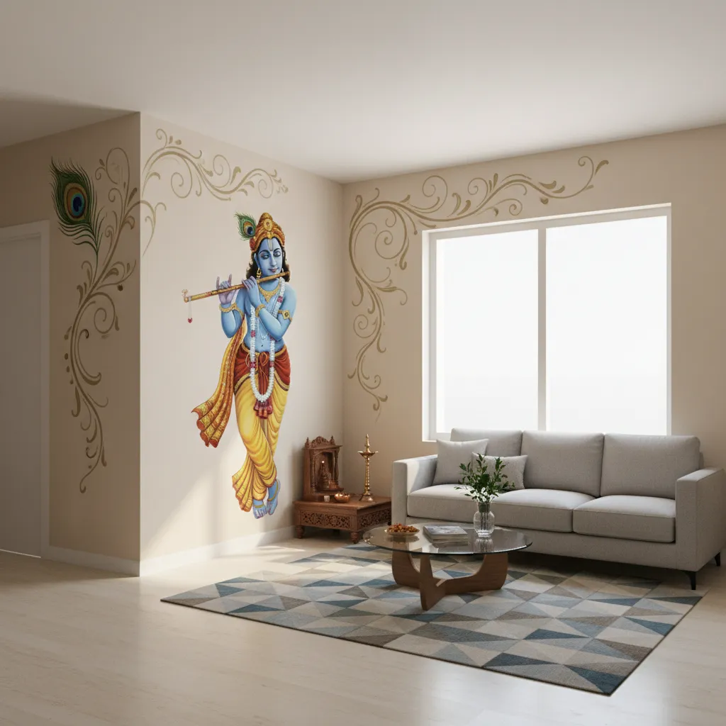 Krishna wall painting extending across a corner wall in a small home