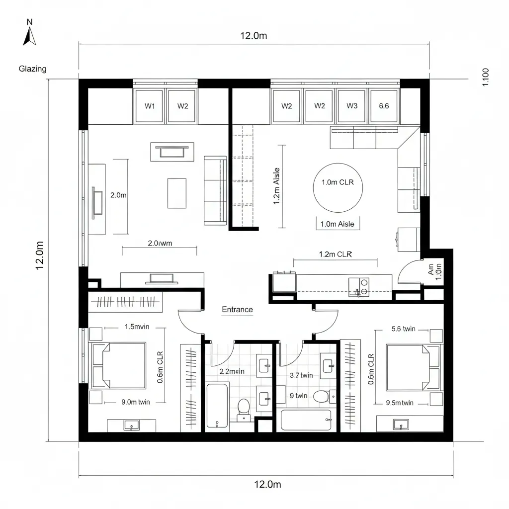 Top-down CAD plan of a corner suite with L-shaped commons wrapping two glazed facades