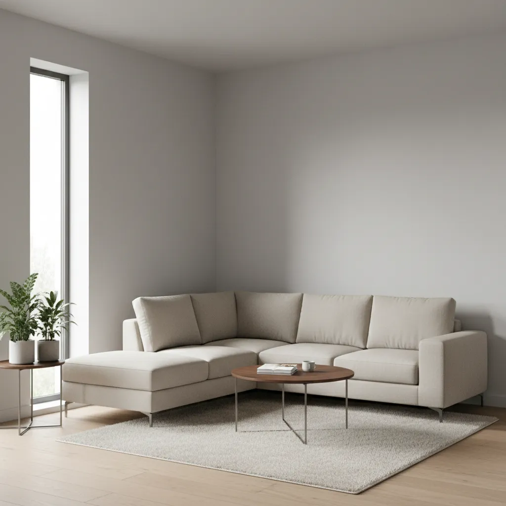 Large sofa on grey rug with wooden coffee table plants on side table and window