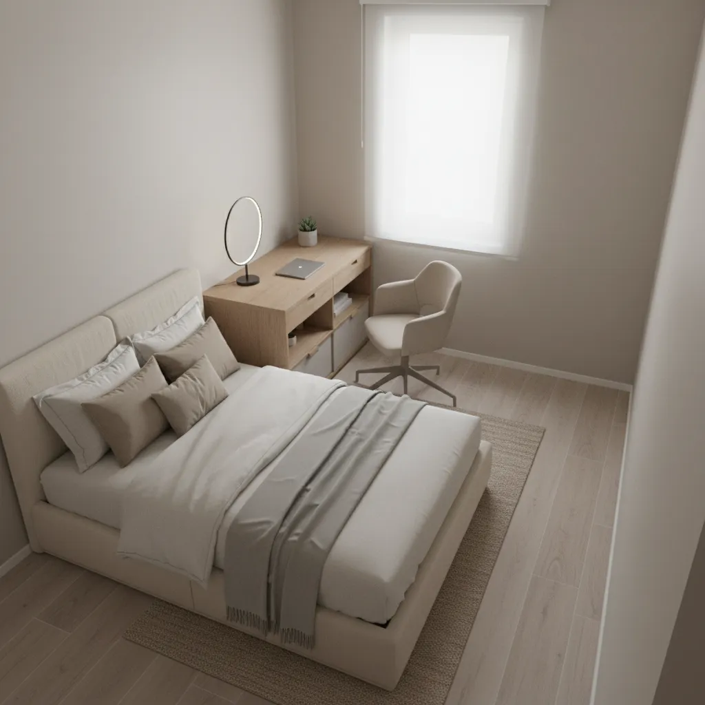 corner bed and desk layout in a tiny 80 sq ft bedroom