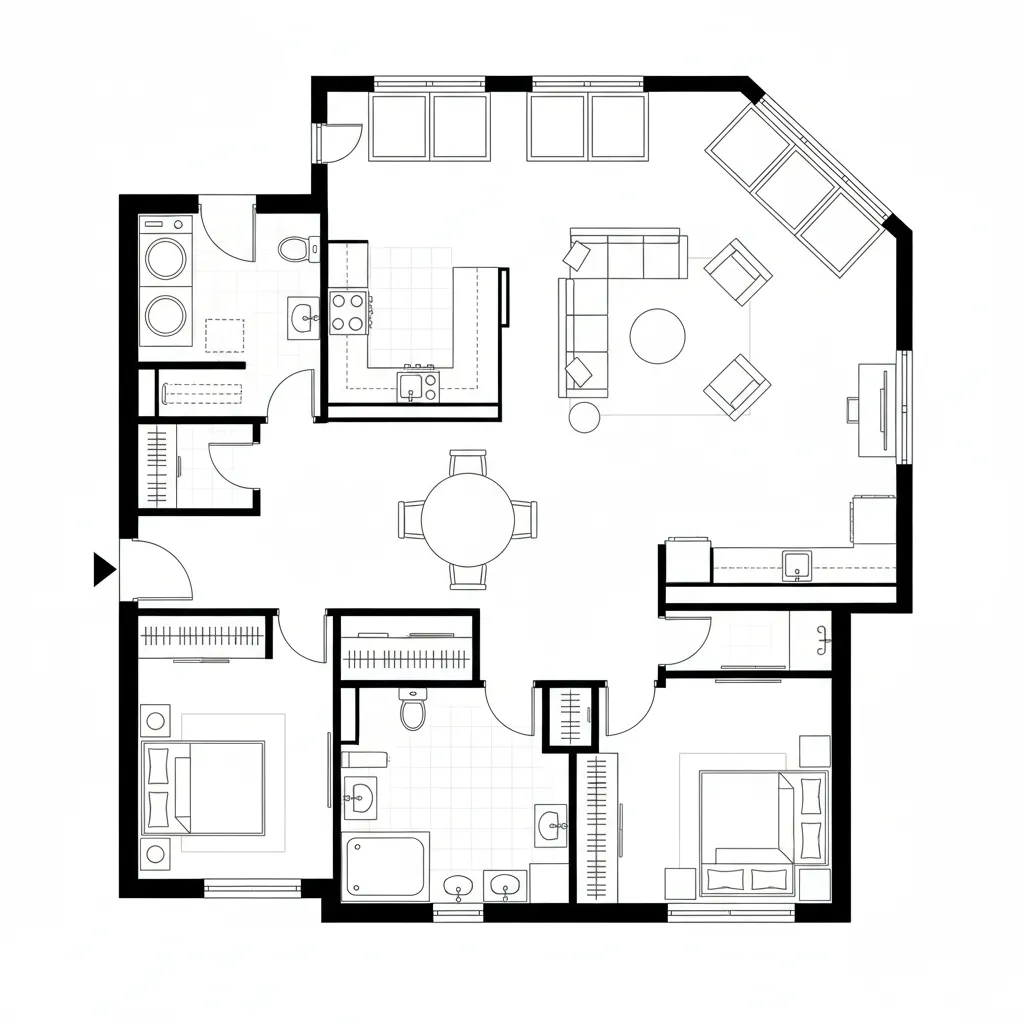 Top-down CAD corner unit with light-led living and quiet bedrooms