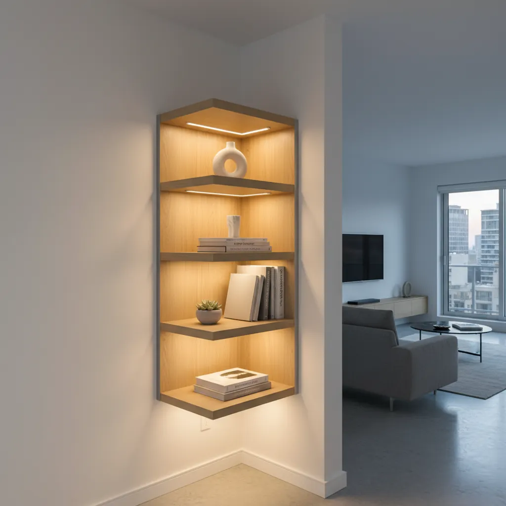 corner shelf LED lighting spreading light across two walls