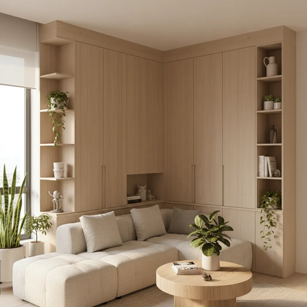 Corner living room almirah utilizing unused wall corner space