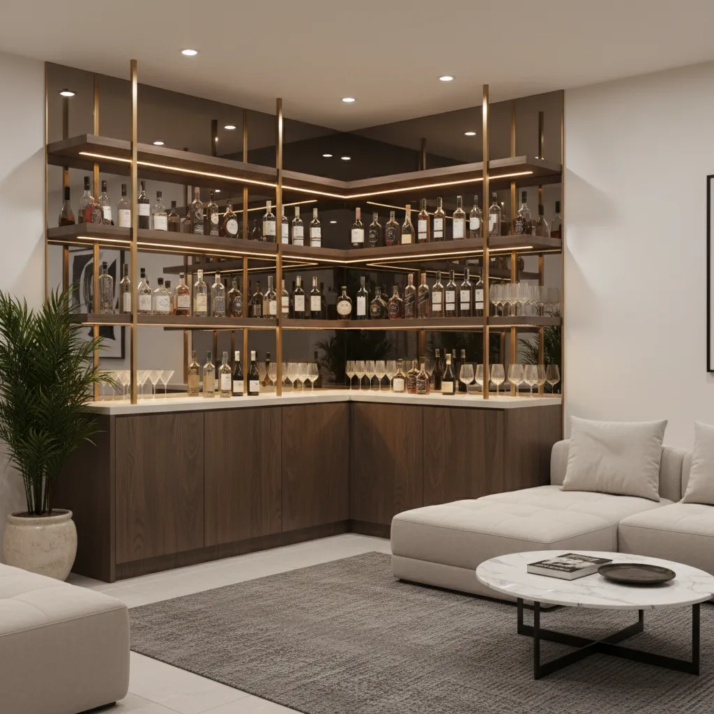 Stylish corner bar setup with shelving and mirror backing in living room