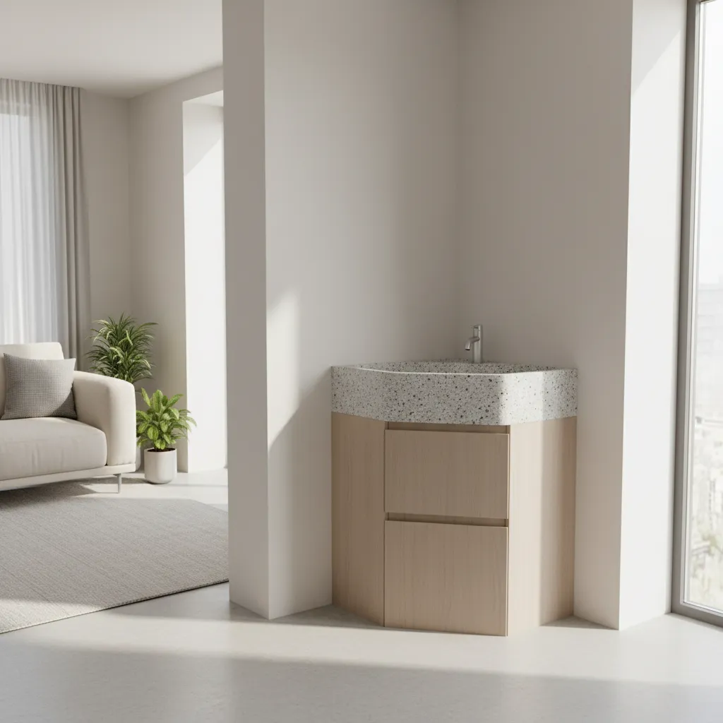 Corner wash basin design integrated in living room space