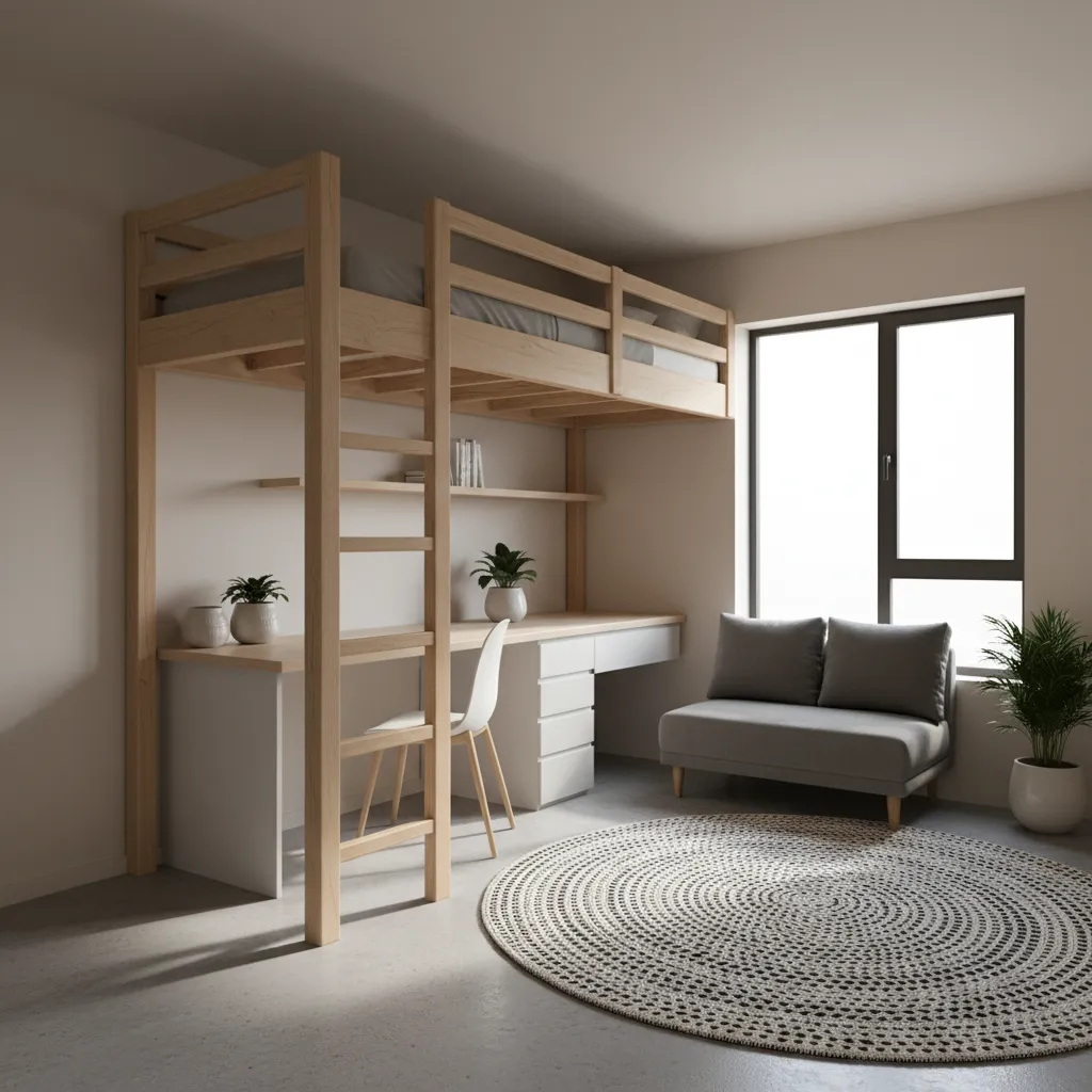 Corner loft bed design maximizing floor space in a small bedroom with low ceiling