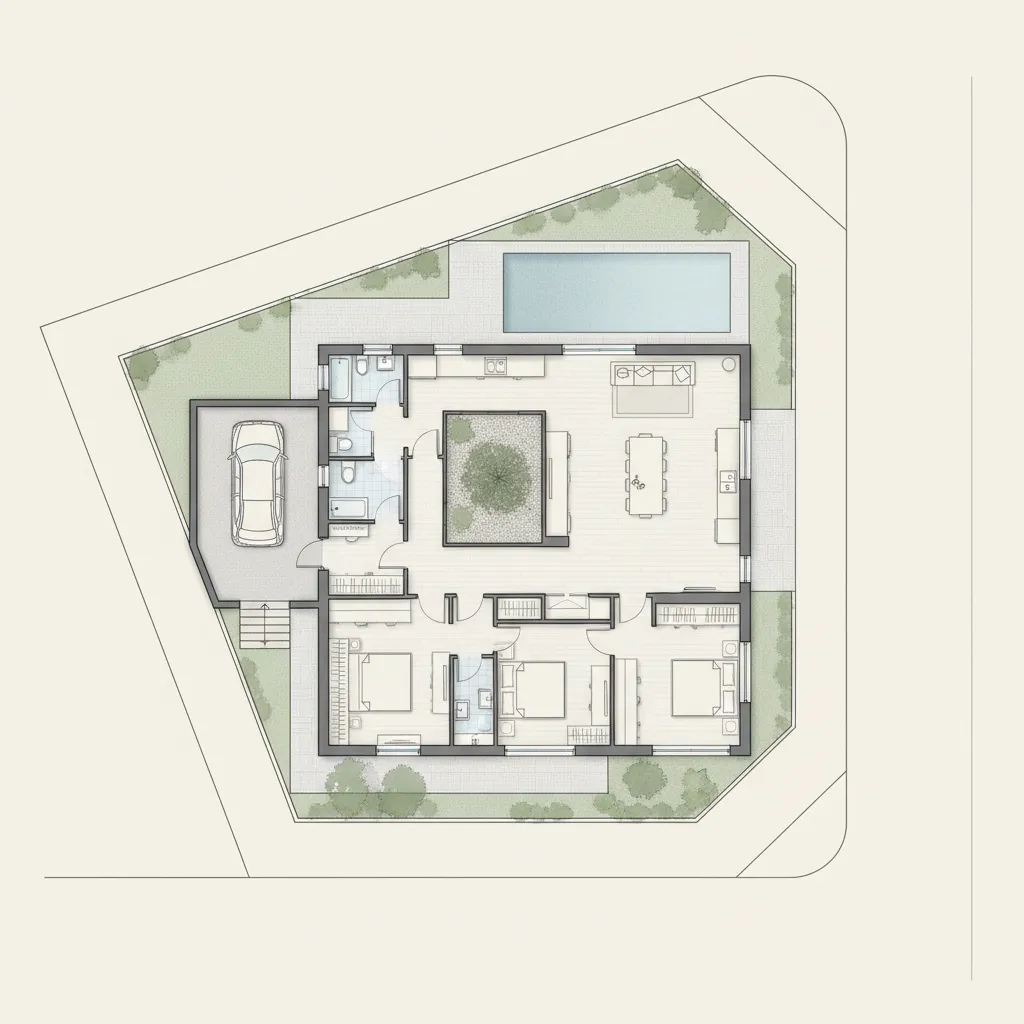 Plano arquitectónico moderno de una casa ubicada en un terreno de esquina
