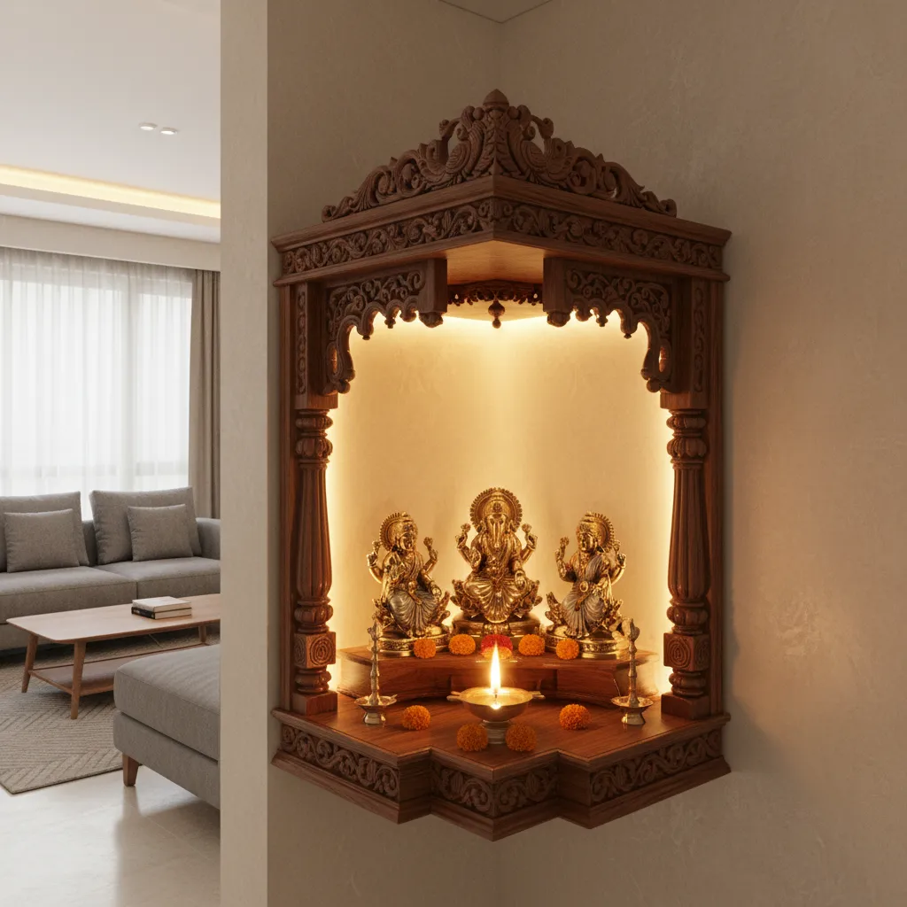 corner pooja mandir with warm ambient lighting and carved wood design