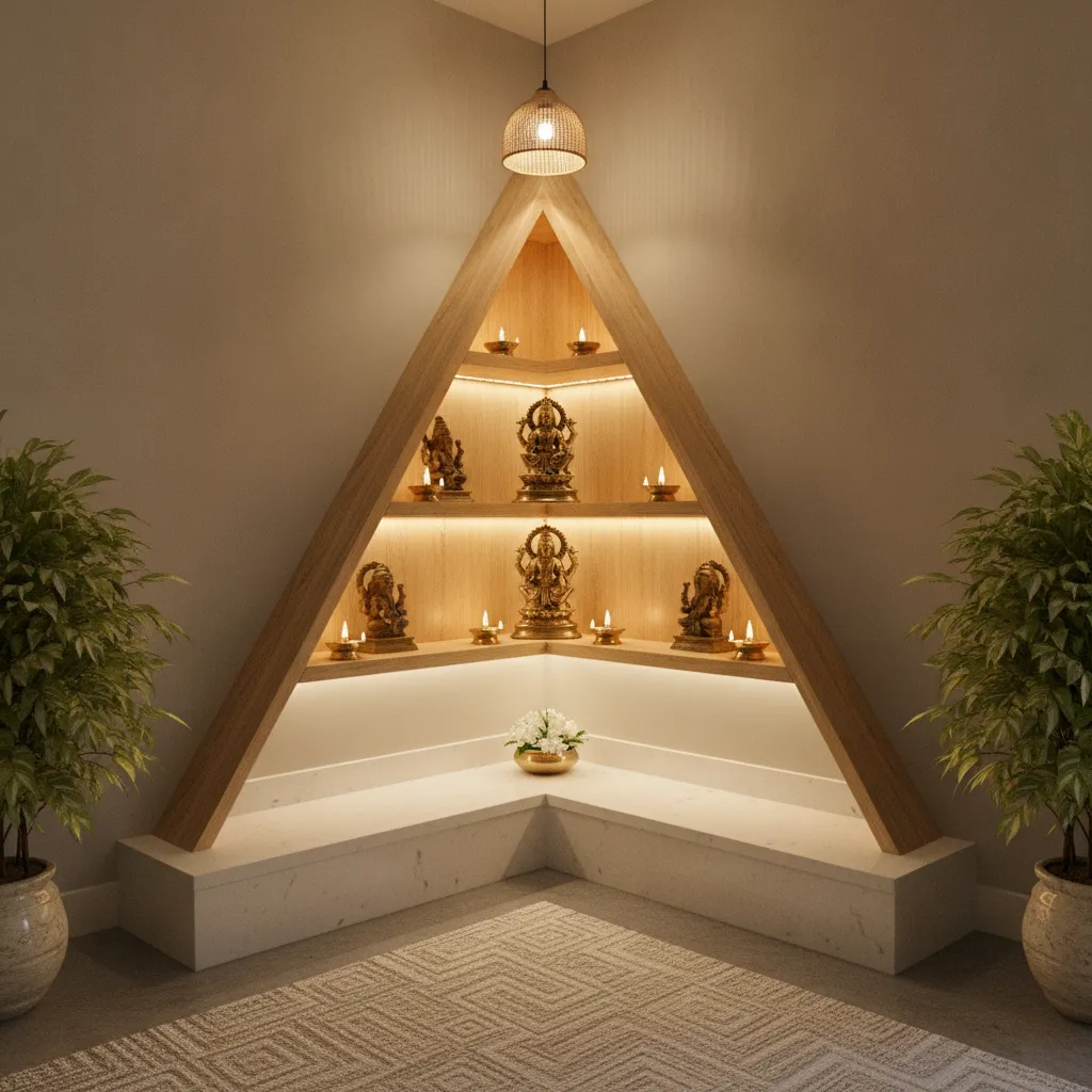corner mandir design for small home with wooden shelves and brass decor