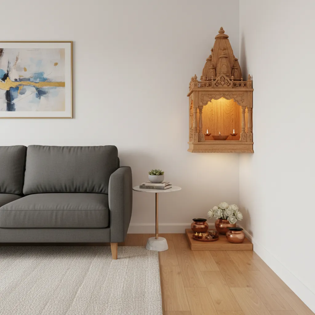 small corner mandir setup in compact living room