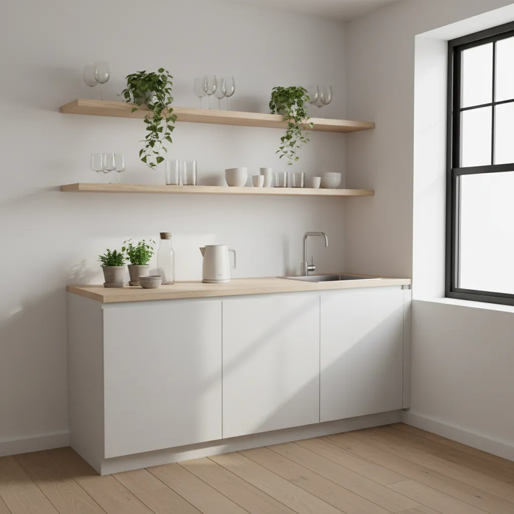 small kitchen corner with floating open shelves and glassware