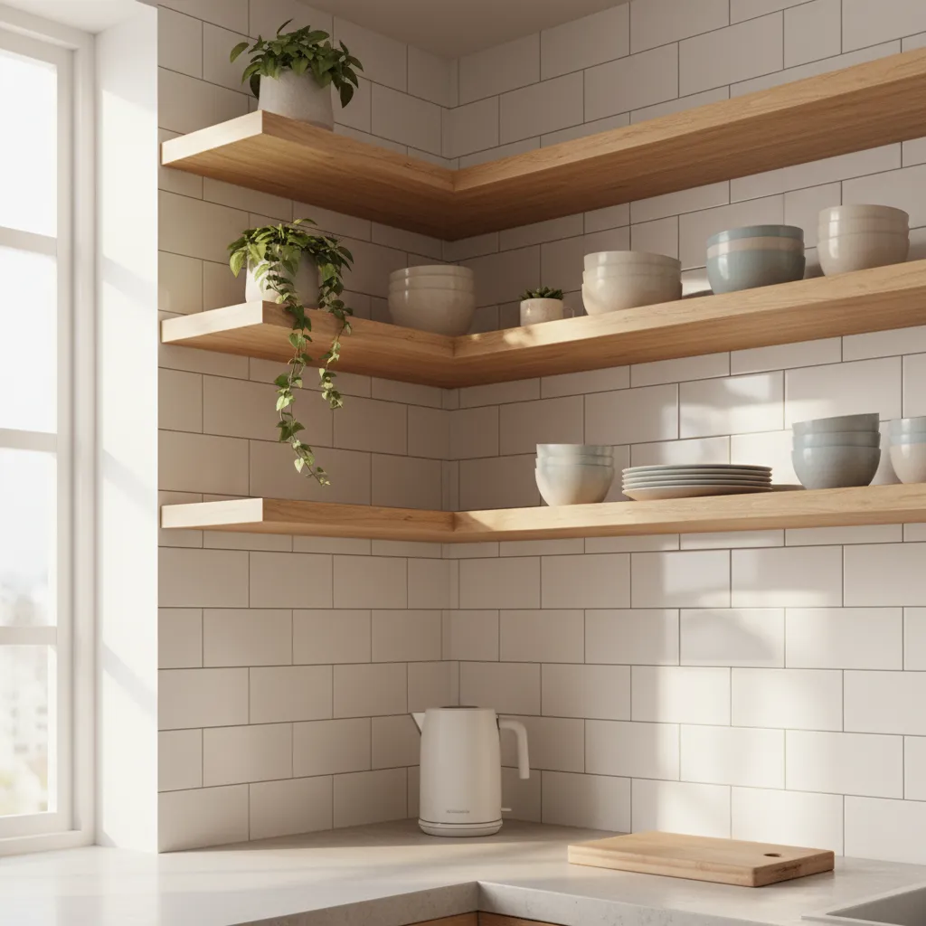 Kitchen corner with white brick tiles, wooden floating shelves, bowls, plants, kettle, and cutting board