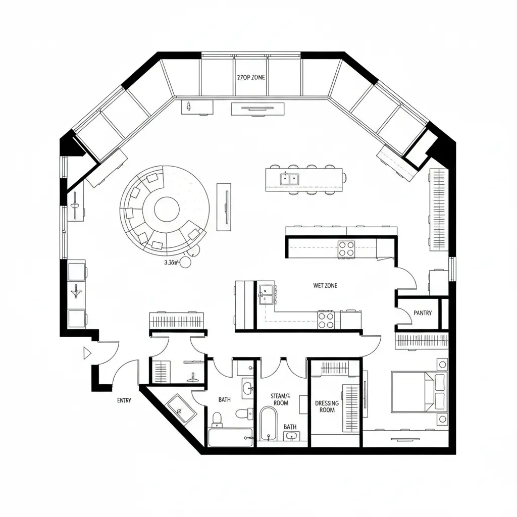 Large apartment room layout showing open kitchen circular sofa bedroom bathroom and dressing room design
