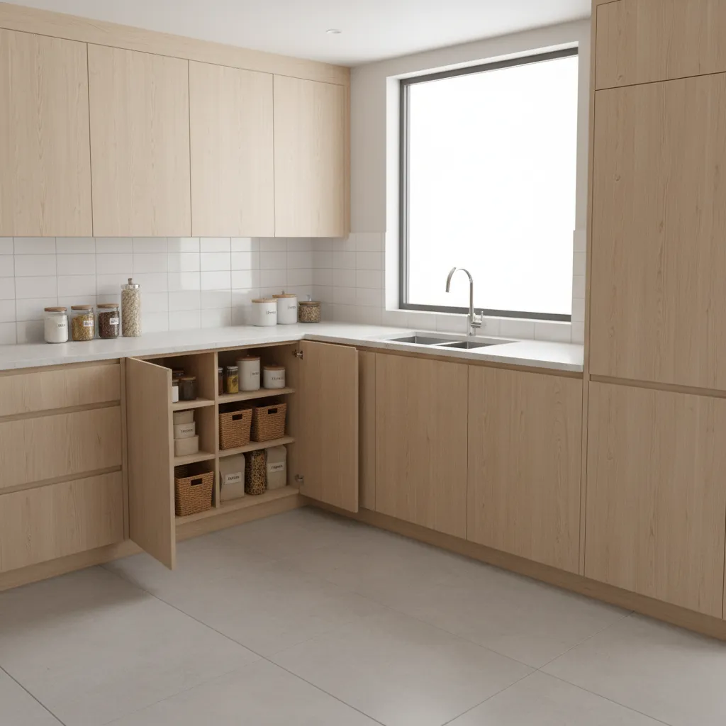 Kitchen layout showing a corner pantry cabinet integrated into cabinetry