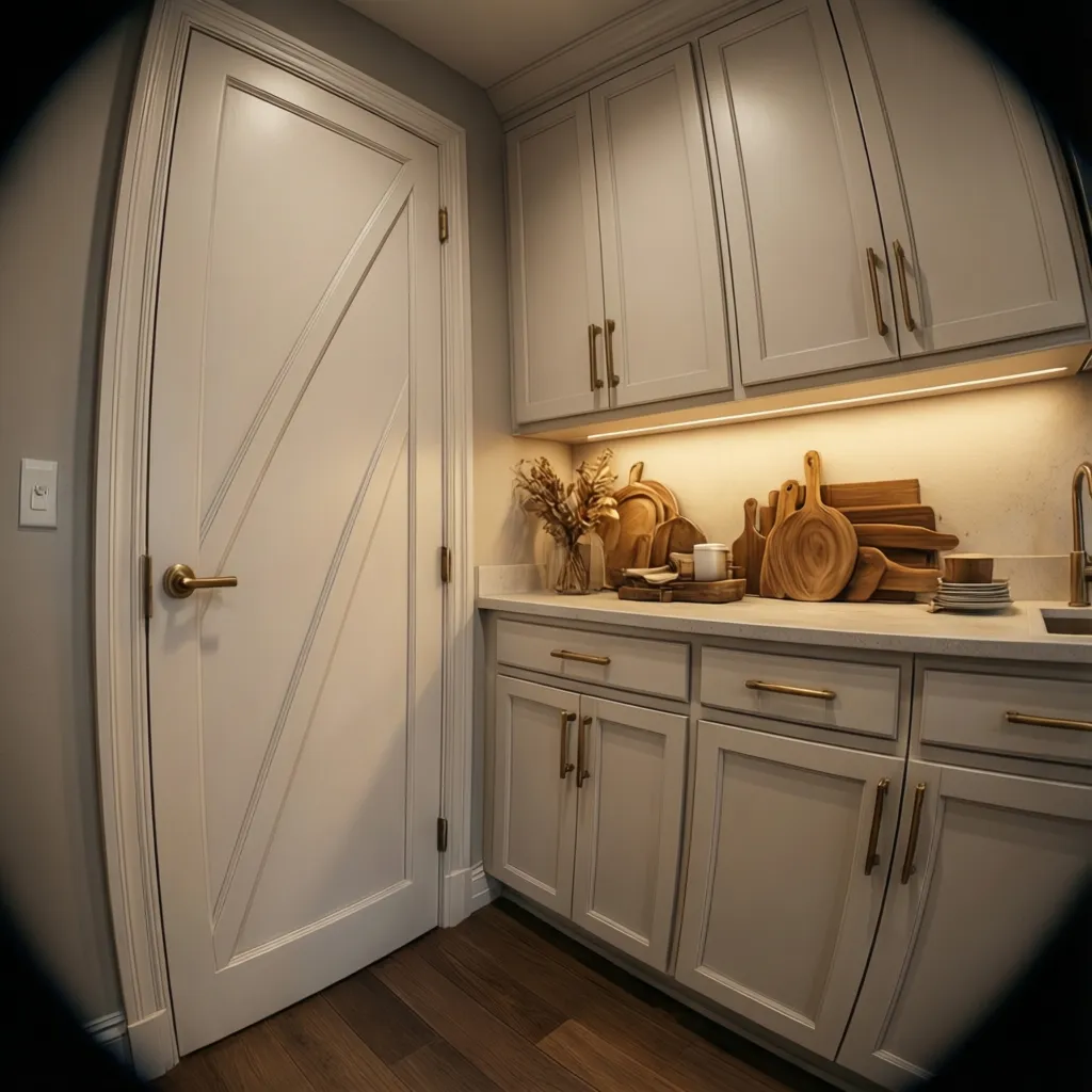 diagonal corner pantry door in U shaped kitchen