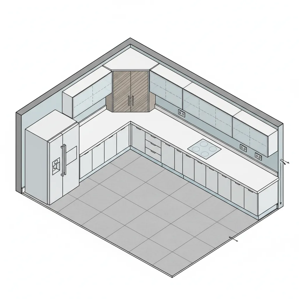 Kitchen floor plan showing L shaped layout with corner pantry placement