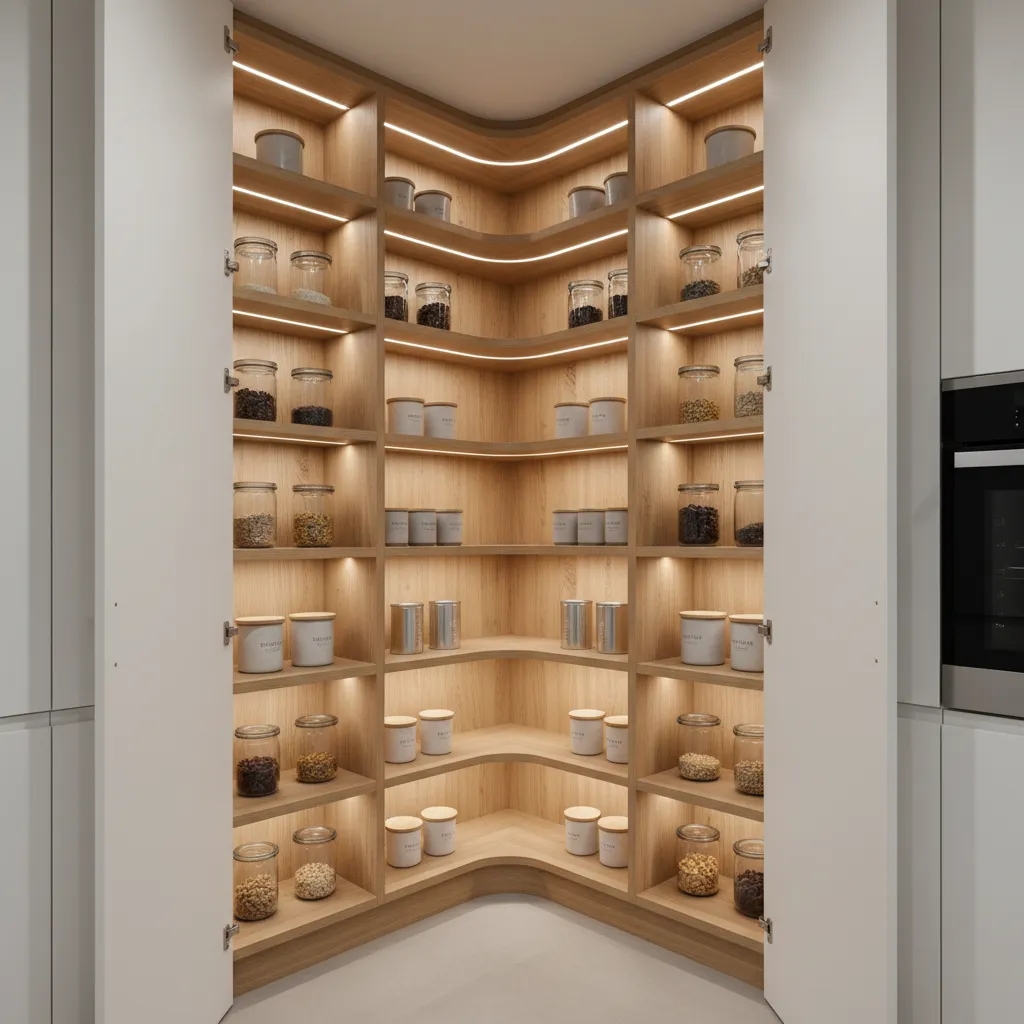 Corner pantry shelves showing shallow organized storage for canned goods and containers