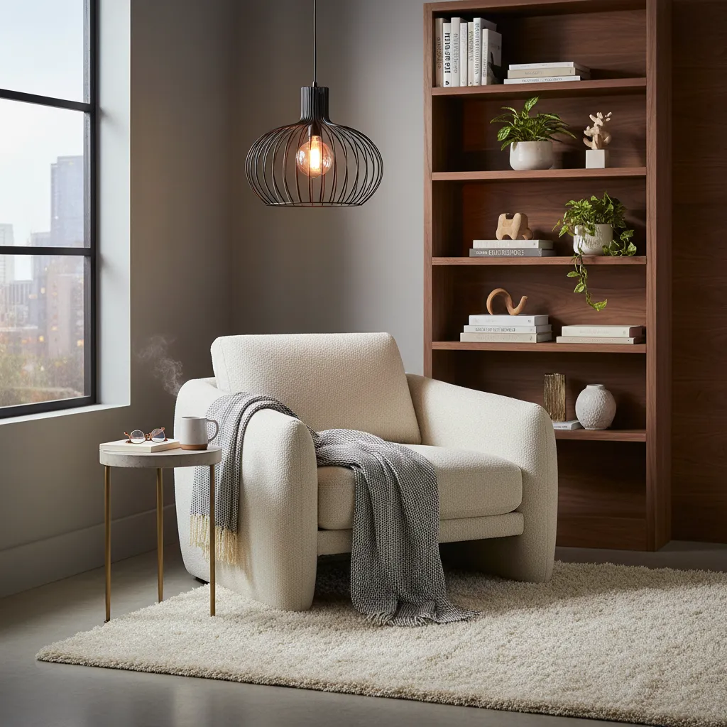 Cozy living room corner with pendant ceiling light above reading chair