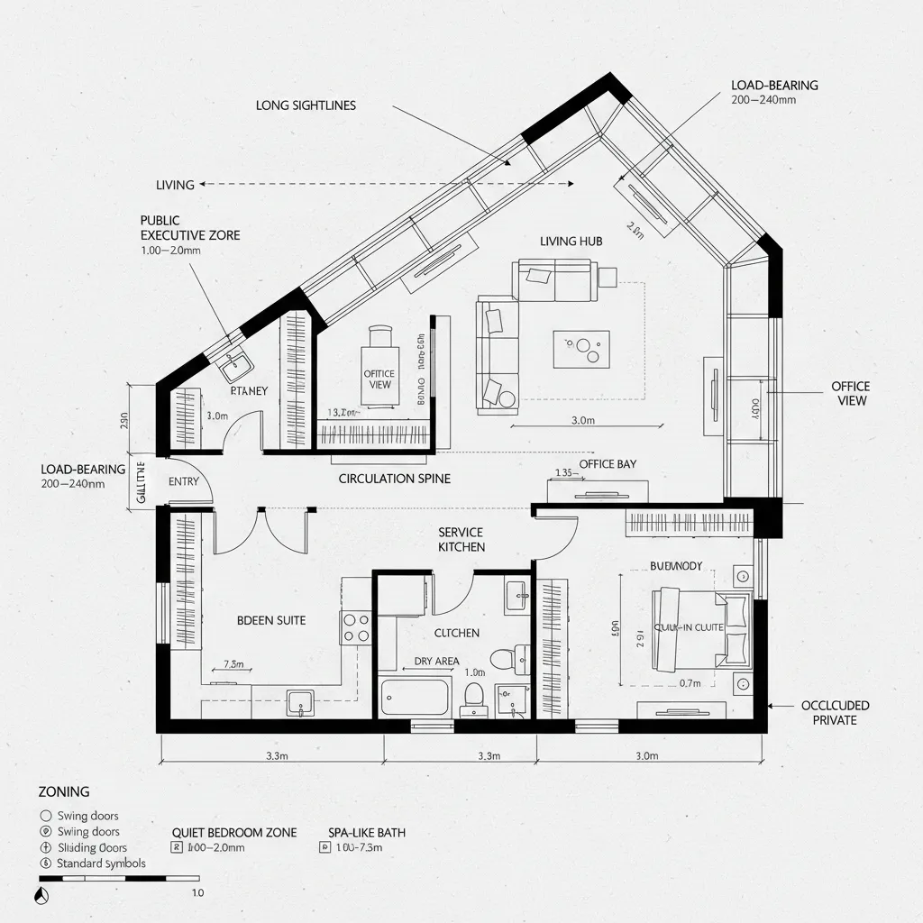 Corner Penthouse Grid—Executive Core + Quiet Perimeter