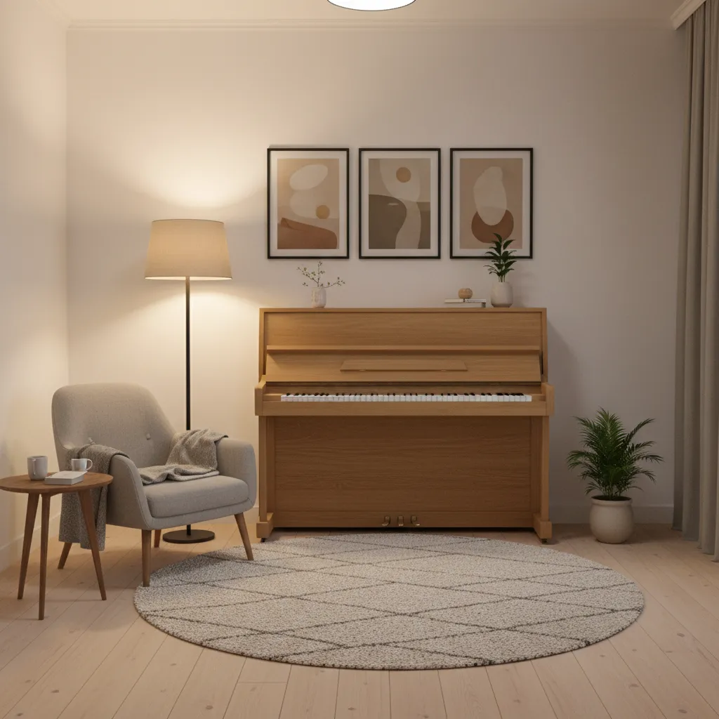 Upright piano placed in living room corner with lamp and art