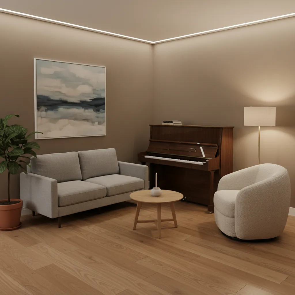 Corner piano placement in a small living room layout